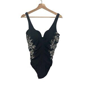 Miraclesuit Black Floral One-Piece Swimsuit With Ruching & Supportive Fit MEdium